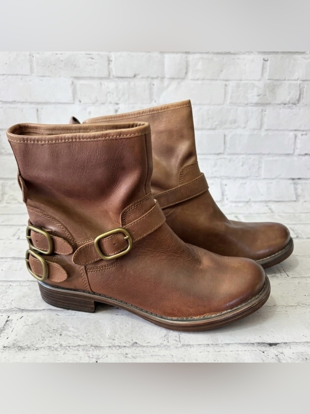 Lucky Brand Chestnut Brown Leather Buckle Ankle Boots